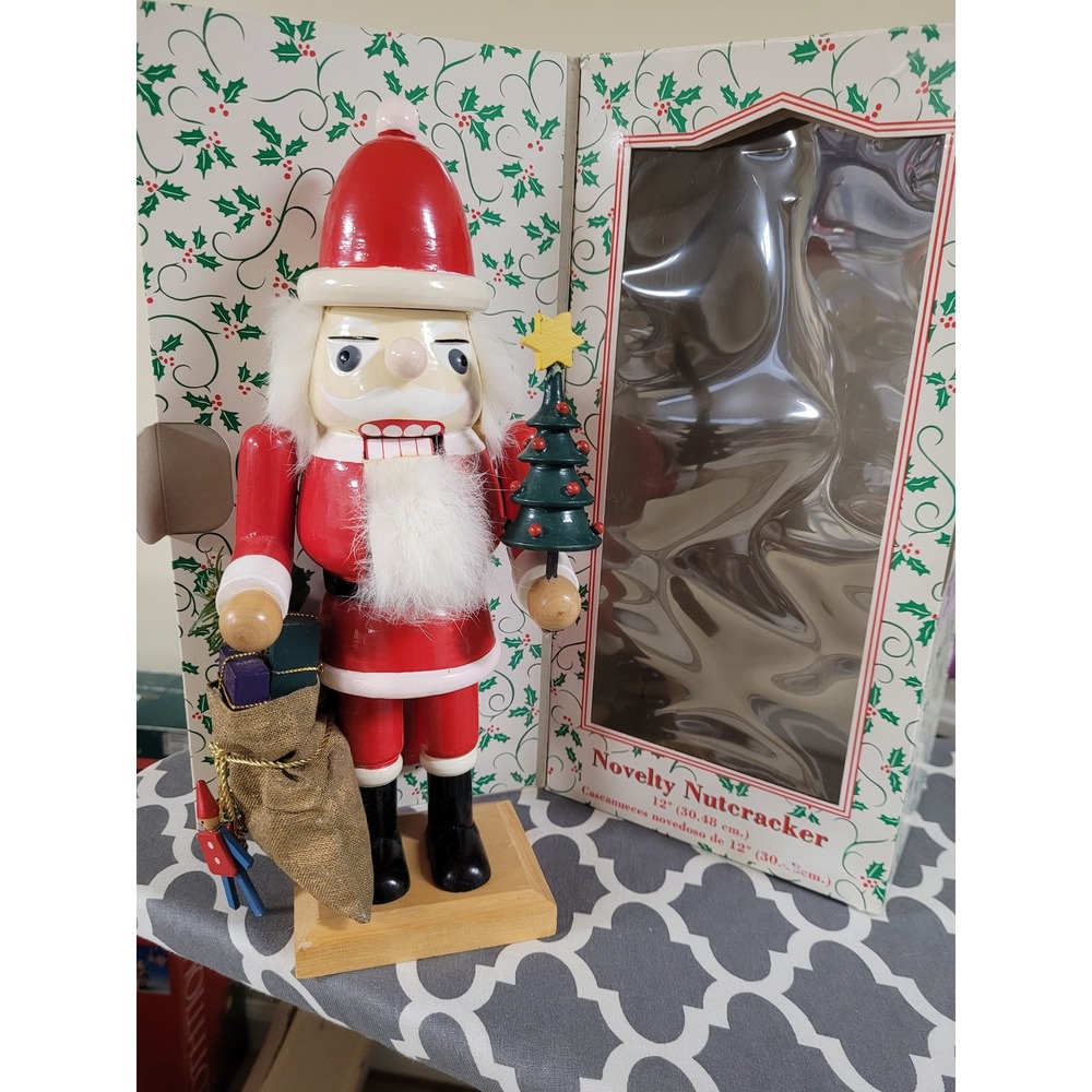 Vintage Santa‎ Claus Wooden Nutcracker 12 Inch w Gift Bag Box Kept Excellent